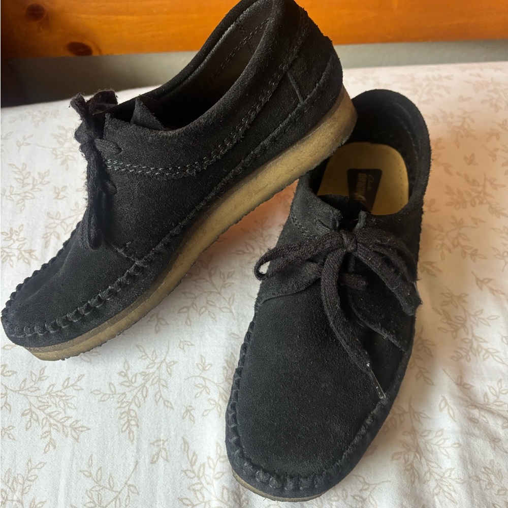 Clarks Womens 9 Men 7 Oxford Wallabee Weaver Black Leather Suede Loafer Moccasin